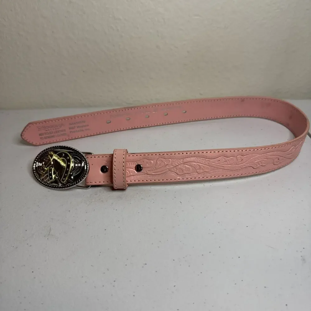 Nocona Belt Girls Mauve/Pink Horse Riding Buckle Western Cowgirl Leather Read